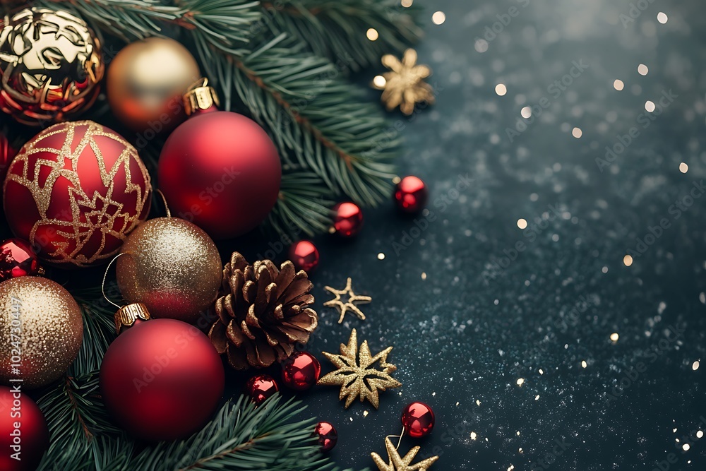 A festive arrangement of Christmas ornaments, pine branches, and decorative elements on a dark background. A festive arrangement of Christmas ornaments, pine branches, and decorative elements on a dark background.