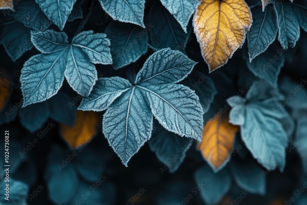 Frozen leaves creating a winter background with cool tones Frozen leaves creating a winter background with cool tones