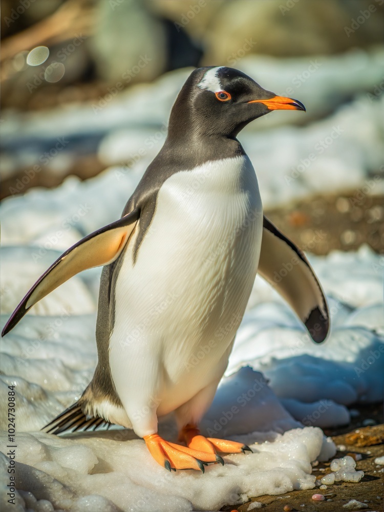 Fototapeta premium Gentoo Penguin Waddles Across Snowy Landscape