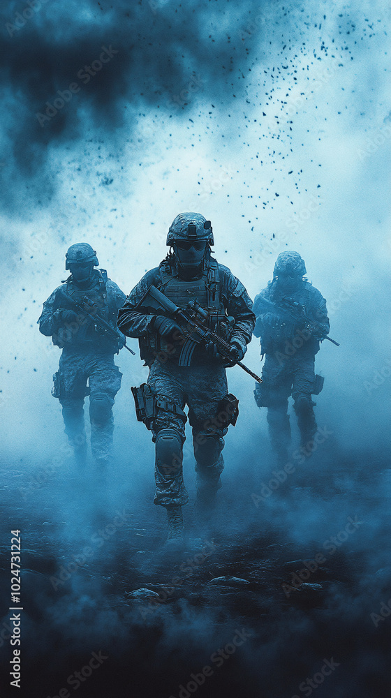 Modern Soldier in Tactical Gear Emerging from Fog, Intense Combat Scene with Cold Blue Lighting, Military Figure in Atmospheric Warfare Setting Modern Soldier in Tactical Gear Emerging from Fog, Intense Combat Scene with Cold Blue Lighting, Military Figure in Atmospheric Warfare Setting