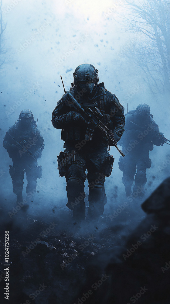 Modern Soldier in Tactical Gear Emerging from Fog, Intense Combat Scene with Cold Blue Lighting, Military Figure in Atmospheric Warfare Setting Modern Soldier in Tactical Gear Emerging from Fog, Intense Combat Scene with Cold Blue Lighting, Military Figure in Atmospheric Warfare Setting