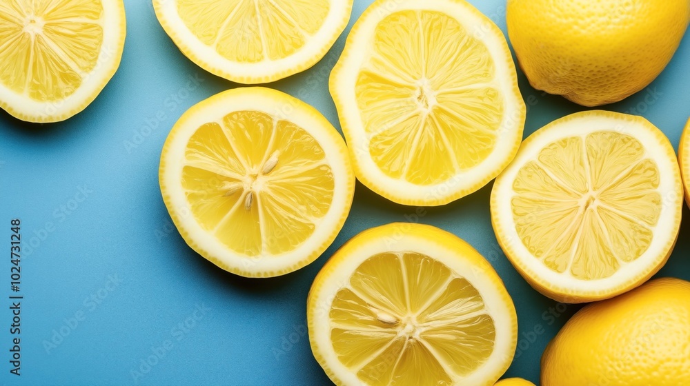 Fresh yellow lemons and halved lemon slices set against a vibrant blue background, showcasing their juicy and bright citrus texture. Fresh yellow lemons and halved lemon slices set against a vibrant blue background, showcasing their juicy and bright citrus texture.