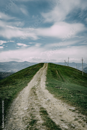 Dirt road leading to mountain scenery with wooden fences and trees