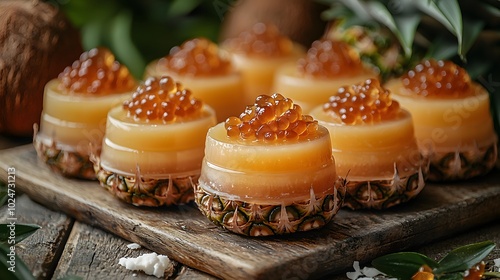 Gourmet pineapple coconut jelly with luxurious tapioca pearls on rustic wooden board photo