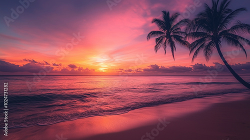 Tropical Beach Sunrise with Palm Trees and Calm Waves