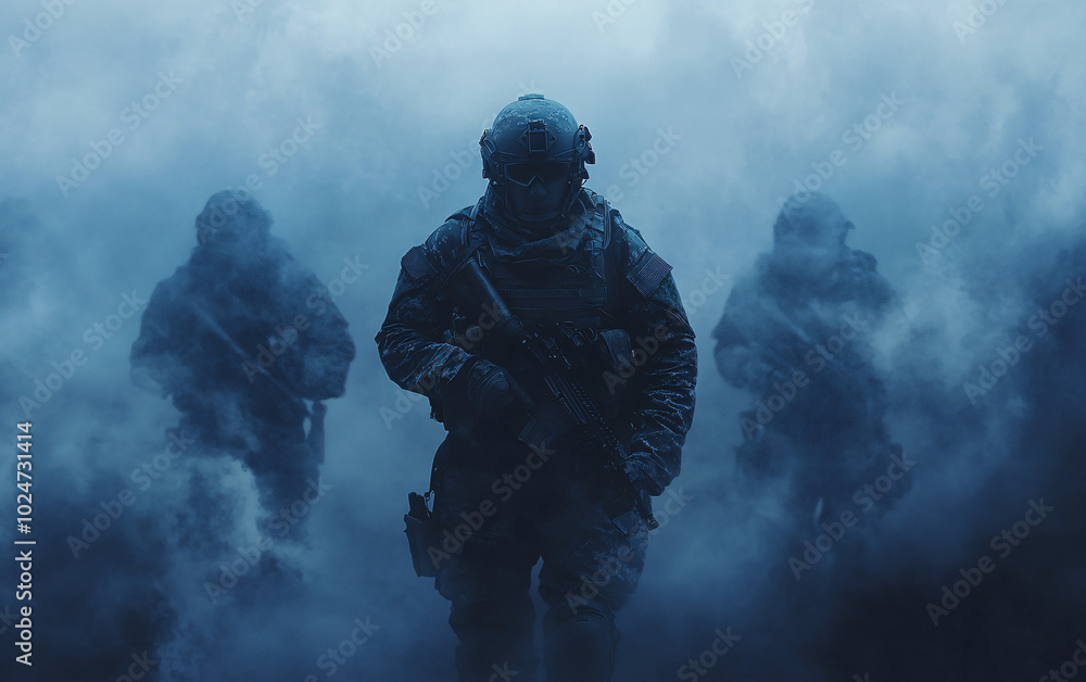 Fototapeta premium Modern Soldier in Tactical Gear Emerging from Fog, Intense Combat Scene with Cold Blue Lighting, Military Figure in Atmospheric Warfare Setting