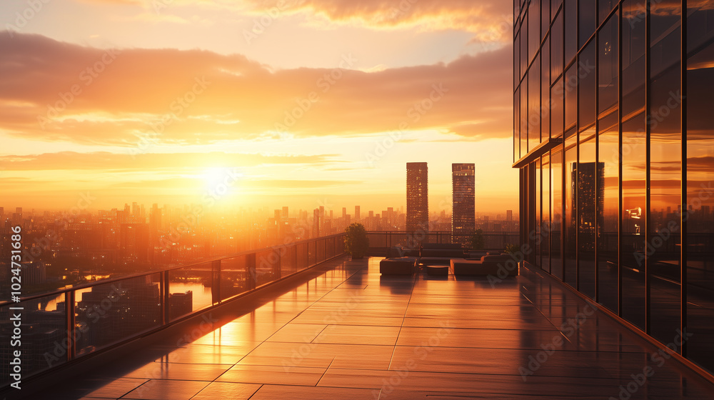 Obraz premium Urban Sunrise with City Skyline and Warm Glowing Light