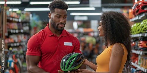 A male employee in a red uniform showing a customer a helmet in a sporting goods store
