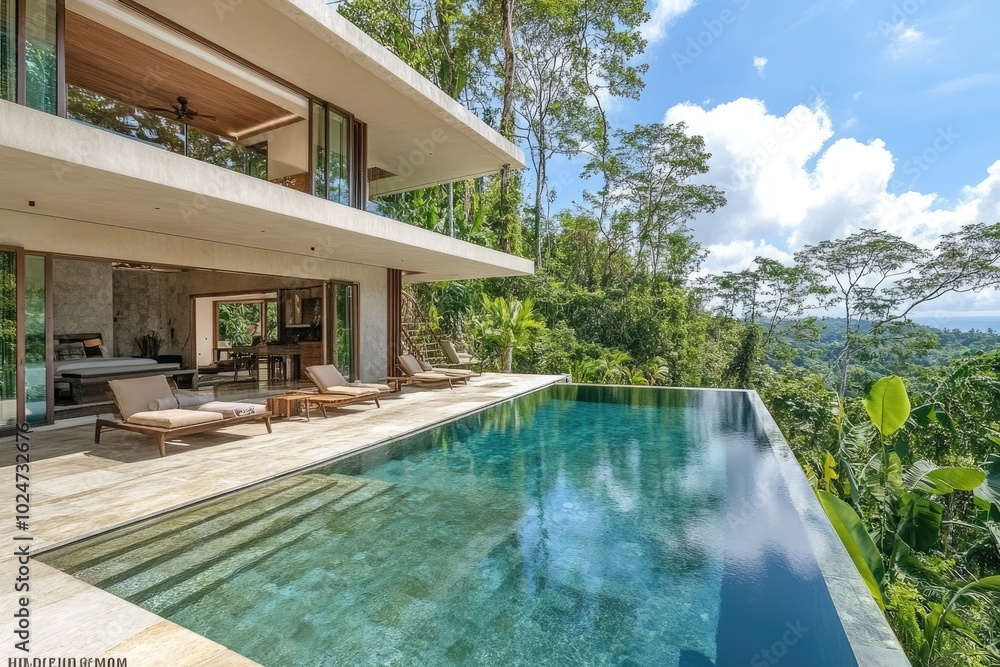 Fototapeta premium Luxurious infinity pool overlooking tropical rainforest in modern villa