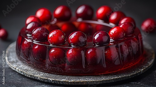 Vibrant cherry gelatin dessert on stone plate with glossy red details photo