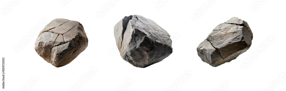 Obraz premium Three isolated, cracked grey rocks with white background.