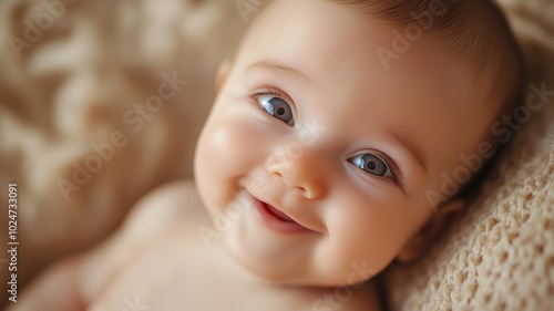 Happy baby smiling against a warm, golden bokeh background, creating a soft and joyful atmosphere.