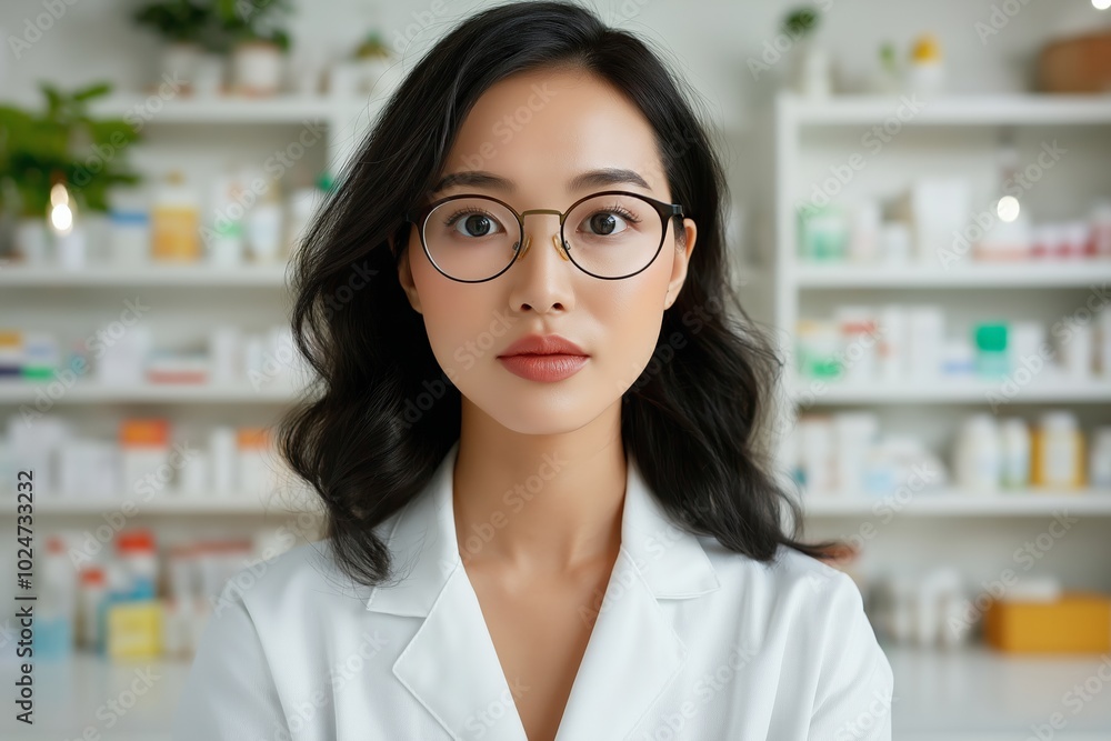 A serious-looking female pharmacist with glasses, standing in a pharmacy, looking directly at the camera
A serious-looking female pharmacist with glasses, standing in a pharmacy, looking directly at the camera