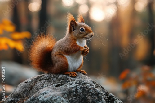 Cute red squirrel standing on a rock in an autumnal forest photo