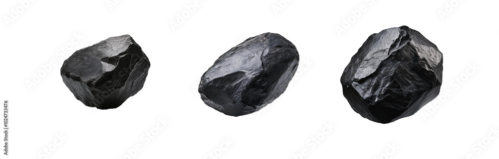 Three isolated black rocks on a white background. Three isolated black rocks on a white background.