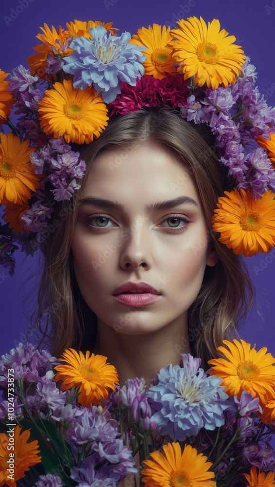 Woman with floral crown, straight hair and neutral expression