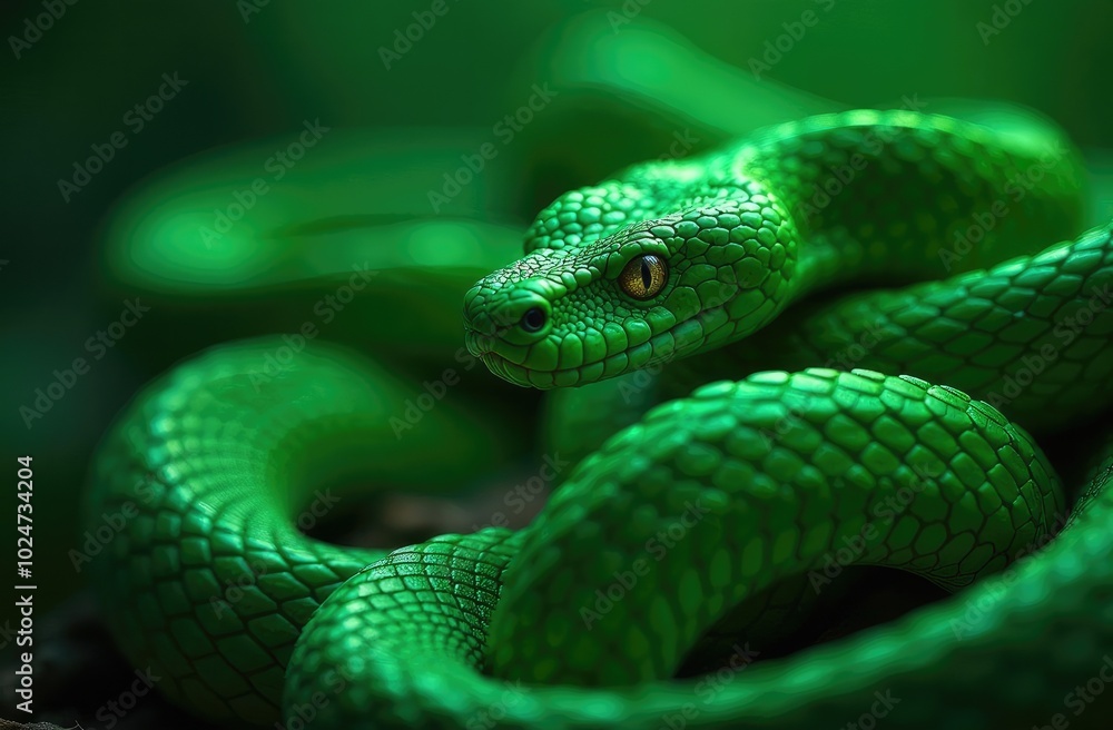 A vibrant green snake resting on a branch in a lush tropical environment during daylight hours A vibrant green snake resting on a branch in a lush tropical environment during daylight hours