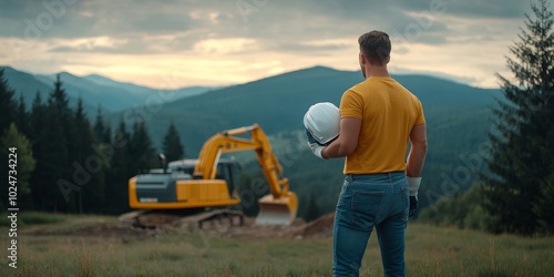 Worker Holding Open Construction Helmet With Heavy Machinery