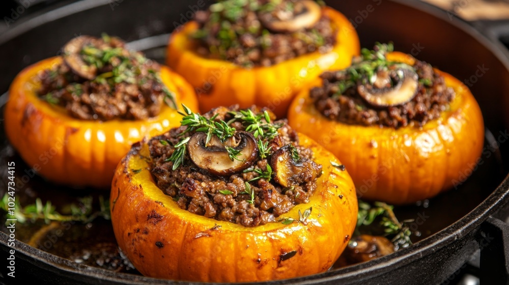 Four meatballs are in a pan with mushrooms and parsley Four meatballs are in a pan with mushrooms and parsley