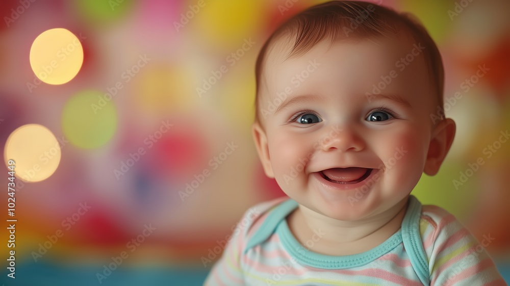 Joyful baby laughing against a vibrant, colorful bokeh background, capturing a playful and cheerful mood with bright lighting. Joyful baby laughing against a vibrant, colorful bokeh background, capturing a playful and cheerful mood with bright lighting.