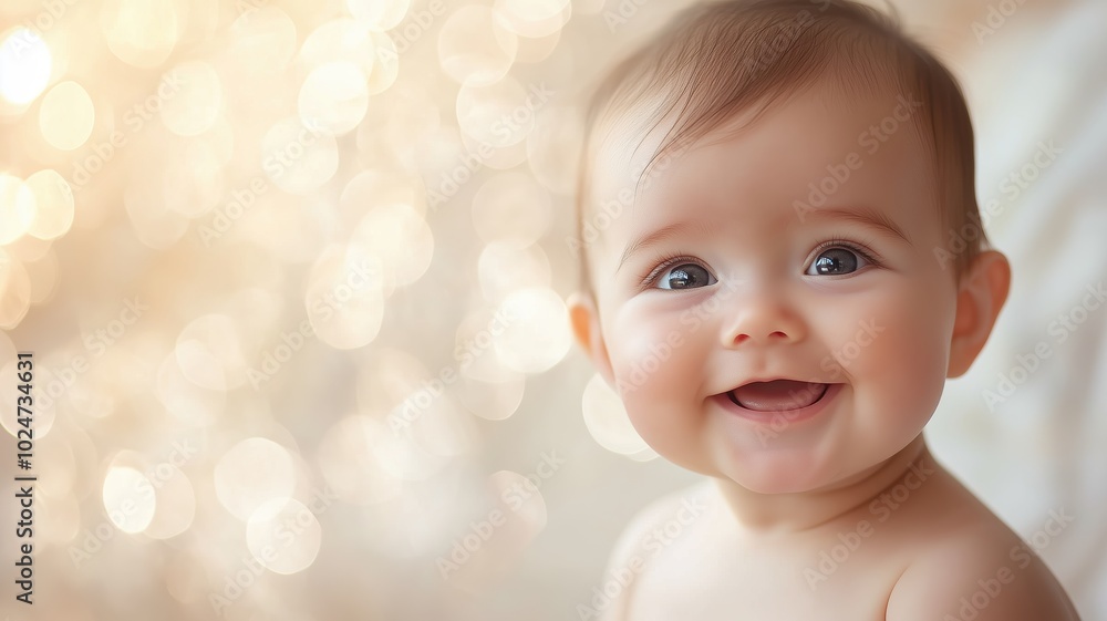Happy baby smiling against a warm, golden bokeh background, creating a soft and joyful atmosphere. Happy baby smiling against a warm, golden bokeh background, creating a soft and joyful atmosphere.