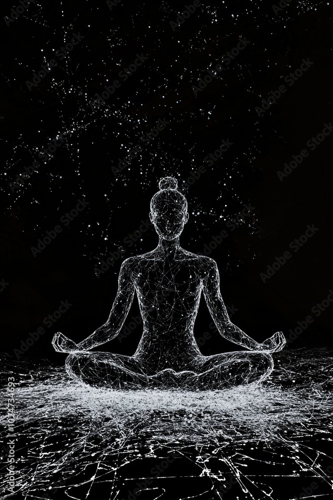 Obraz premium A person meditating in a lotus position on a white mat, in a white scribble style.