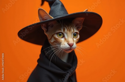 A cat dressed in a witch costume poses against an orange background for Halloween celebrations