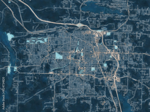 Painterly Style City Map of Conway Arkansas, USA in a Blue Color Scheme.