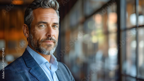 Professional confident middle aged gray hair beard handsome businessman CEO wearing stylish elegant suit standing smiling relaxed in modern office workspace successful leader charming expression