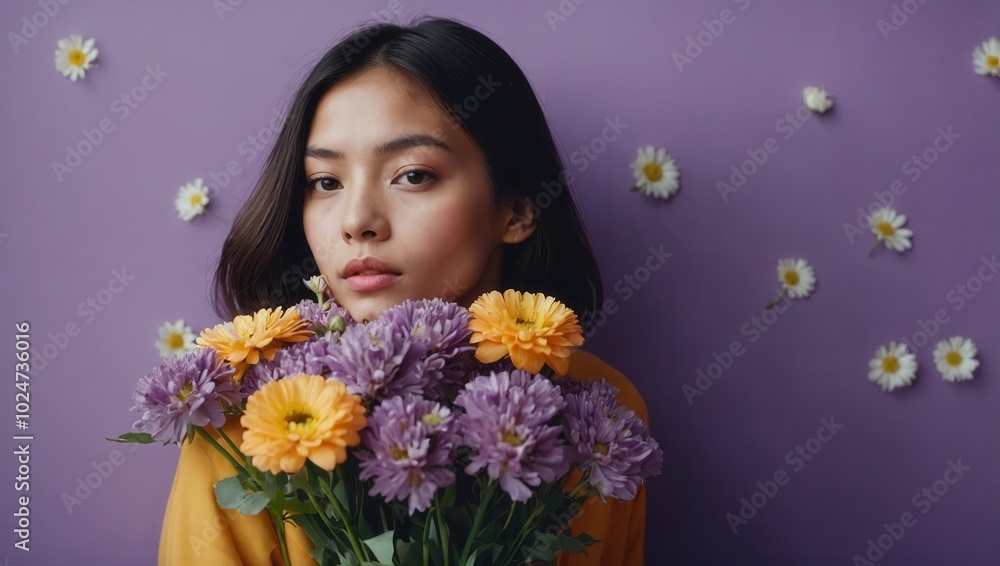 Woman is holding a bouquet of flowers Woman is holding a bouquet of flowers