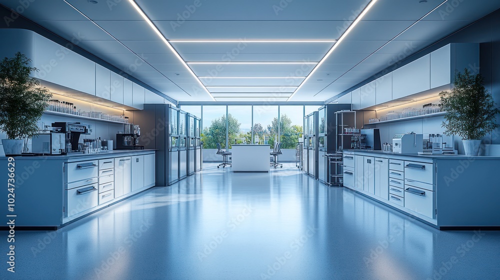 Modern kitchen space with large windows and sleek appliances. Modern kitchen space with large windows and sleek appliances.