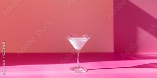 White cream liqueur based on vodka in a triangular glass. On a pink background. Daiquiri, margarita, martini, gin. Alcoholic summer cocktail, citrus notes