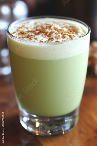 Refreshing Matcha Green Tea Latte topped with Milk Foam and Cinnamon, Served in an Elegant Glass.