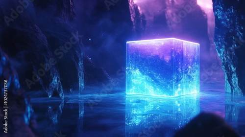 Glowing Cube Reflecting in Water Between Rock Formations