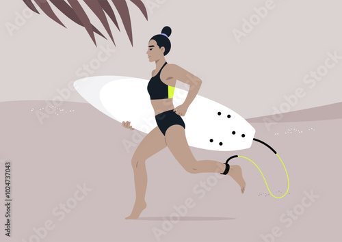 With a focused expression, a female surfer sprints along the sandy beach toward the glistening ocean, carrying a surfboard, eager to embrace the thrill of riding the waves