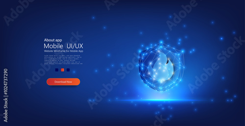Futuristic glowing flame symbol in a shield, representing fire protection and safety, made of polygonal lines and dots on a blue background. Vector illustration