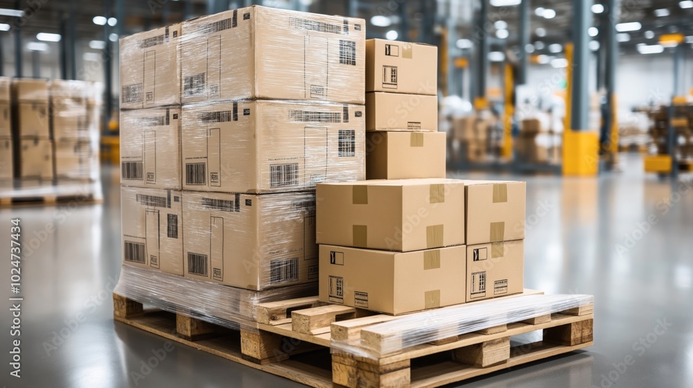 Stacked cardboard boxes wrapped in plastic on a wooden pallet in a large warehouse setting with blurred background. Stacked cardboard boxes wrapped in plastic on a wooden pallet in a large warehouse setting with blurred background.