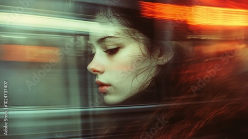 Candid 35mm Shot of a Woman Seen Through the Window of a Moving Subway, Capturing the Motion and Nostalgic Feel of Cinematic Expired Slide Film for a Vintage and Authentic Visual Aesthetic.