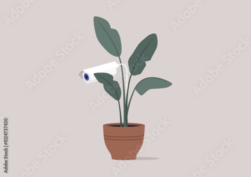 hostile design, a CCTV camera camouflaged as part of a houseplant captures the surroundings, merging modern surveillance with natural decor for discreet monitoring