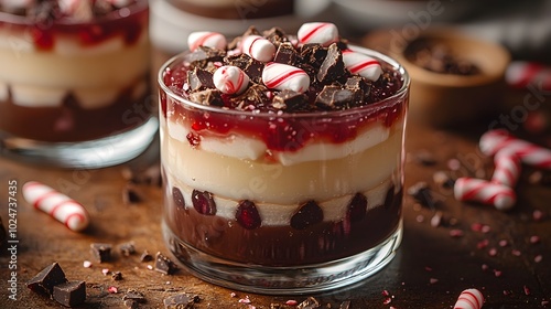 Delicious chocolate and peppermint trifle dessert with layers of cream and cherries