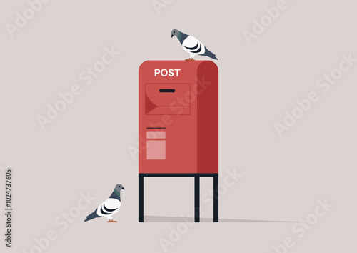 A pair of curious pigeons interact with a bright red post box, embodying urban life as they add a lively touch to the afternoon, evoking a sense of community and spontaneity
