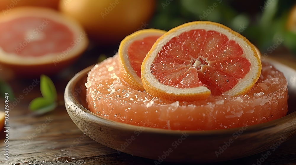 Fresh grapefruit slices on wooden plate with natural background Fresh grapefruit slices on wooden plate with natural background