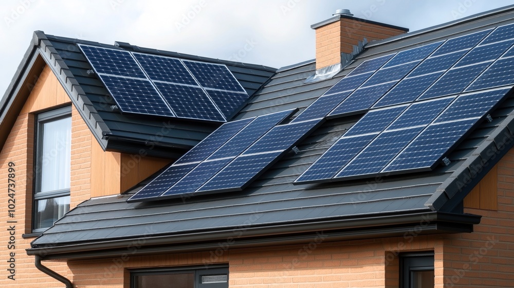 Modern house roof with installed solar panels for renewable energy generation on sunny day Modern house roof with installed solar panels for renewable energy generation on sunny day