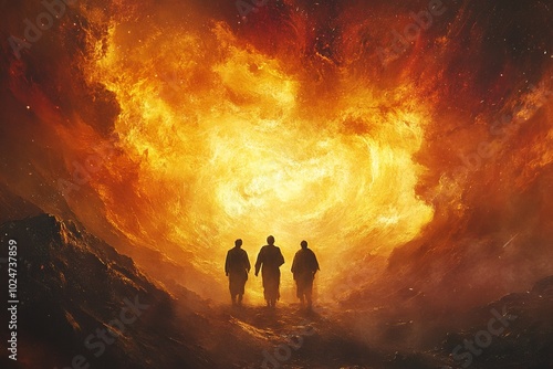 Depiction of Shadrach, Meshach, and Abednego standing firm in a fiery furnace amidst a vibrant nebula, highlighted by divine light rays symbolizing their faith. Blank area for copy space.