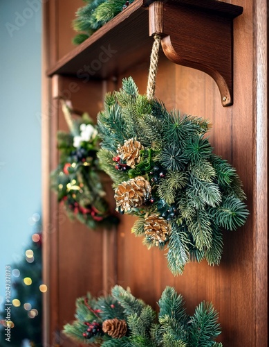 Ein Weihnachtskranz vor einer dunklen Holzeinrichtung als weihnachtliche Dekoration. photo