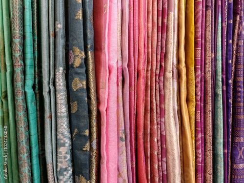 Wallpaper Mural Vallet of vivid and colorful Indian fabric, Closeup view of stacked colors saris or sarees in display of Indian retail shop, textile shop. Torontodigital.ca