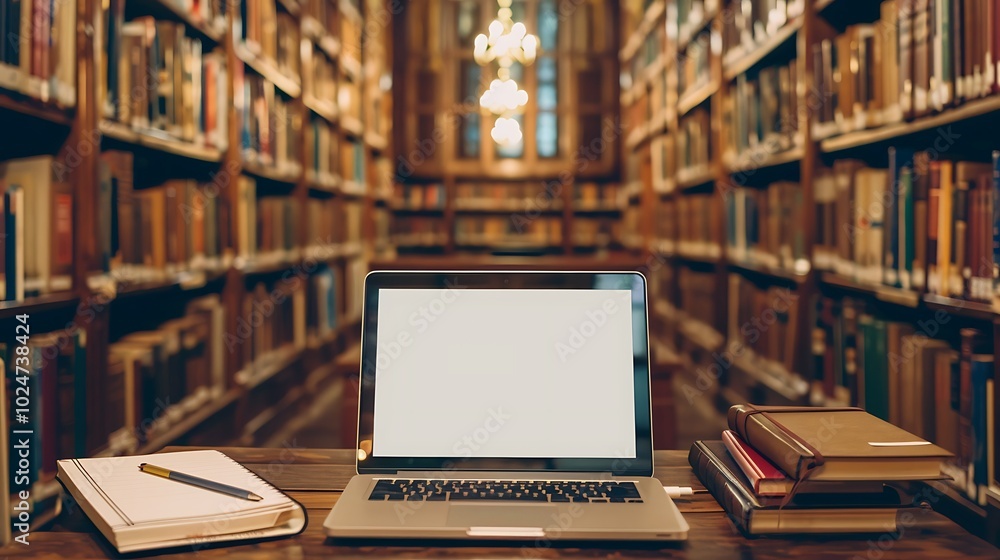 Fototapeta premium A blank laptop screen sits invitingly on a wooden study table surrounded by books and a notebook in a serene library setting designed for focused studying and creative work without distractions