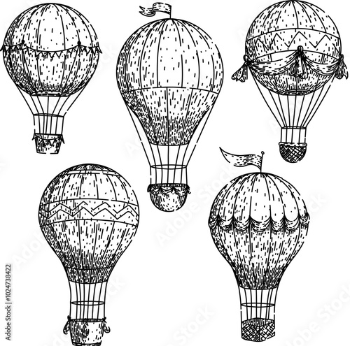 hot air balloon set hand drawn. adventure sky, borne basket, altitude sunrise hot air balloon vector sketch. isolated black illustration