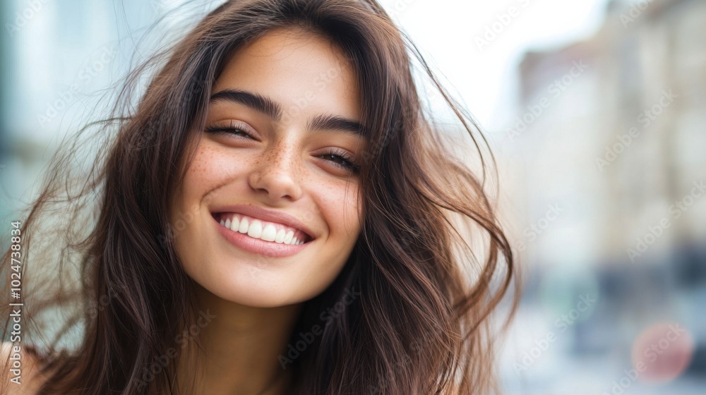 Obraz premium Joyful young woman with wind-swept hair enjoying spring outdoors