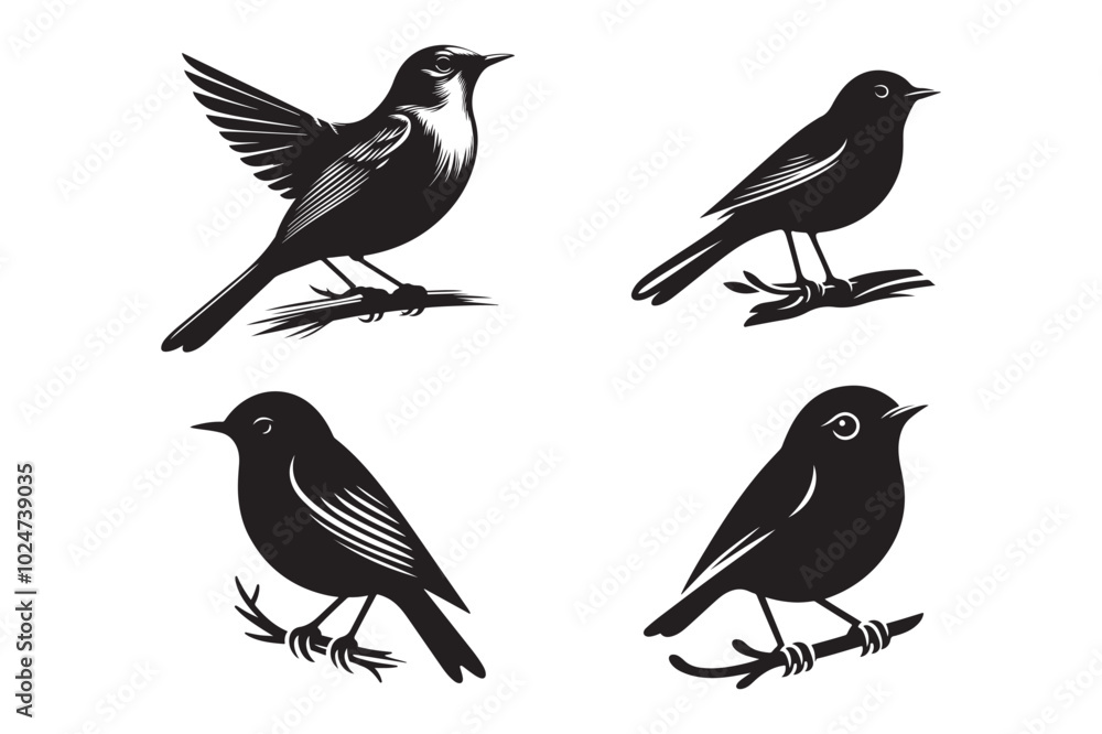 Nightingale Silhouette Clipart Bundle, Nightingale Bird Black Vector Set Nightingale Silhouette Clipart Bundle, Nightingale Bird Black Vector Set